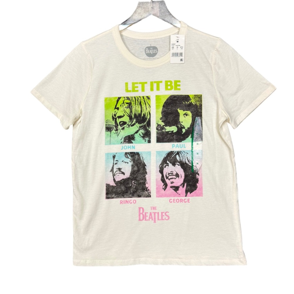 The Beatles Band Tee Medium Beige‎ Multi Graphic T-Shirt Let It Be Portraits NWT